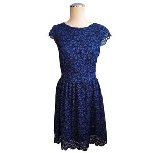 Talula Lace Fit & Flare Dress Navy Blue Cap Sleeve XS